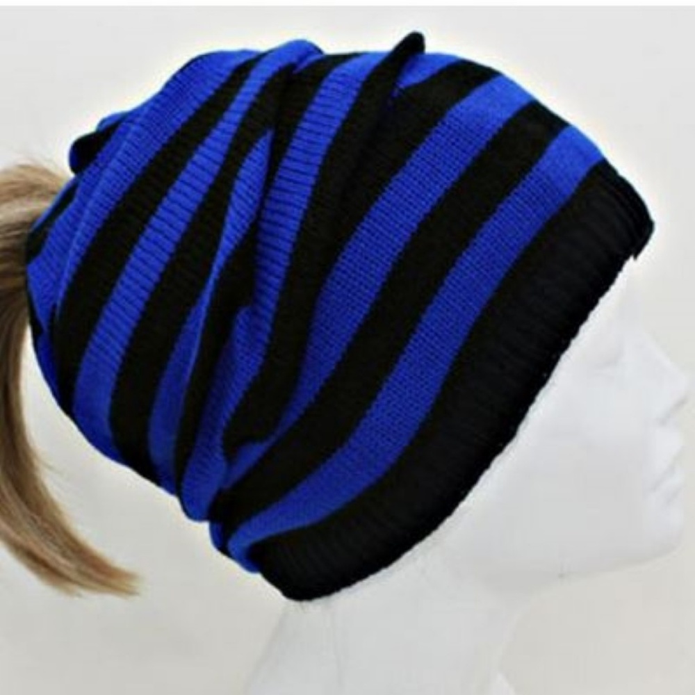 Blue Striped Slouchy Ponytail Hole Beanie Cap Hat